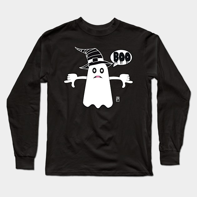 An unhappy ghost in a hat is saying BOO! Ghost Of Disapproval Long Sleeve T-Shirt by ArtProjectShop